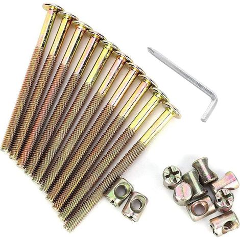 lot de 10 vis à bois m6x70mm, boulons plaqués zinc, écrous cruciformes, clé incluse, pour lit superposé et meubles (1/4)