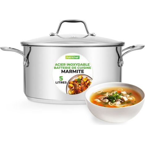 Marmite Faitout Inox de 5 Litres 18-8 Qualité Alimentaire Résistant Tous Feux Faitout Grande Marmite Pot à Mijoter Pot à Soupe avec Couvercle Transparent Compatible Lave-Vaisselle (1/5)