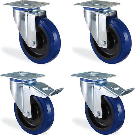 Lot roulettes pivotante et pivotante à frein caoutchouc bleu élastique diamètre 200mm charge 750kg
