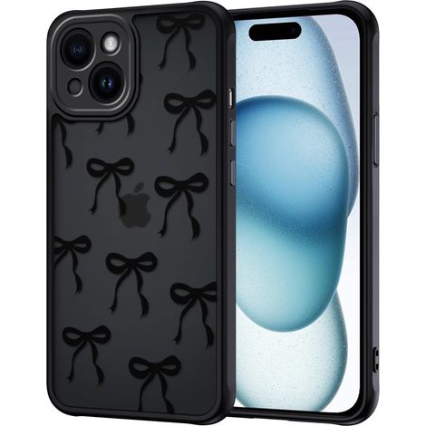 Coque pour iPhone 15, Aesthetic Papillon Nœud Motif Étui Translucide Mat Silicone TPU + PC Arrière Antichoc Anti-Jaune Housse Protection de la Caméra Bumper Case pour Filles Femme, Noir (1/5)