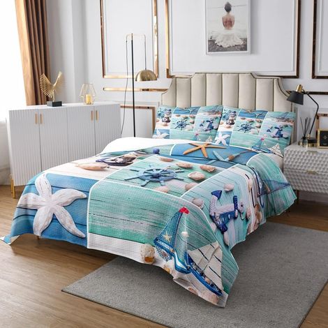 Couvre-Lit Ancre Nautique 2 Personnes 260x240 cm - Jetés de Lit Étoile de Mer Côtière - Dessus de Lit Bleu Sarcelle- Couverture de Lit Phare Rétro Voilier - Thème Plage Océanique (1/4)