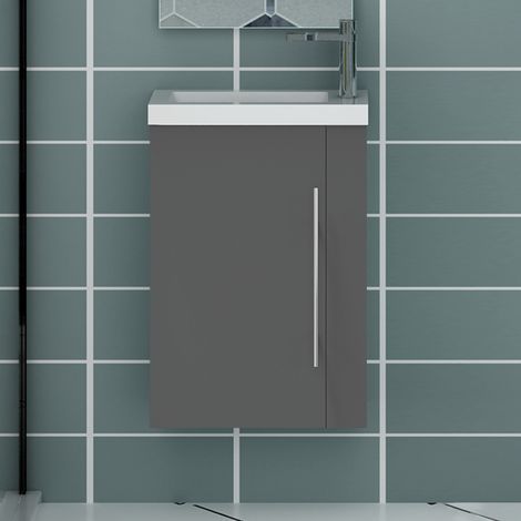 Acezanble 440mm Cloakroom Bathroom Sink Vanity Unit with Basin Wall Hung Grey Cabinet Basin Door Unit (1/4)