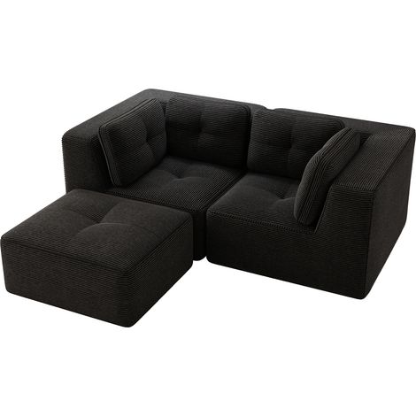 Canapé d'angle modulaire en velours côtelé noir avec repose-pieds amovible, 2 places, design sans cadre (1/5)