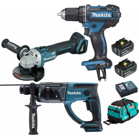 Pack Makita 18V 5Ah - Perceuse 62Nm DDF482 + Meuleuse 125mm DGA504 + Perforateur 2J DHR202 + 2 batteries + sac