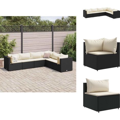 6-tlg. Garten-Lounge-Set mit Kissen Schwarz Poly Rattan - Gartengeset - Loungeset - Gartenmöbel - Rattan Möbel - Outdoor Möbel
