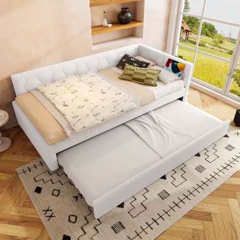 Lit banquette 90x200 cm avec lit gigogne, lampe de chevet, ports USB et Type-C, bouclé blanc, sommier à lattes, sans matelas (1/5)
