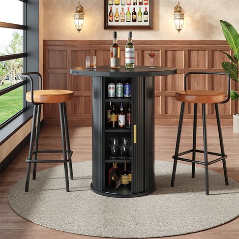 Ensemble Table de Bar Ronde Ø60x91,6 cm Noir avec 2 Tabourets, Rangement 4 Niveaux et Porte Coulissante (1/5)