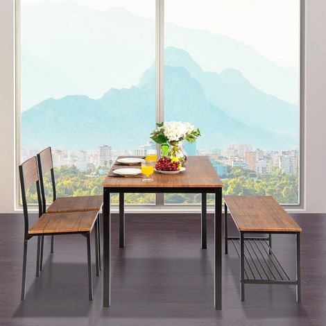 Ensemble Table et 2 Chaise 1 Banc 4 Personnes Style Industriel Structure en Métal pour Salle à Manger Restaurant Cuisine Marron (1/2)