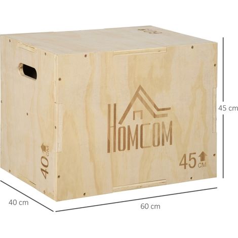 Plyo Box de madera 45 x 40 x 60 cm, 3 alturas, con asas, natural OKMYHOME