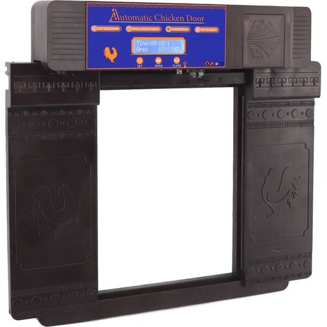 Ouvre-porte automatique pour poulailler avec minuterie programmable, capteur de lumière, écran LED, résistant aux intempéries, prise européenne marron foncé (100-240 V). (1/5)