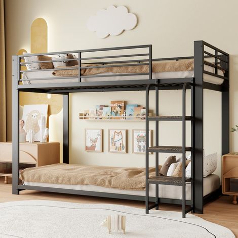 Lit Superposé 90x200cm - Lit Enfant en Métal avec Échelle Marches en Bois et Barrière de Sécurité – Structure Robuste – Noir (1/5)