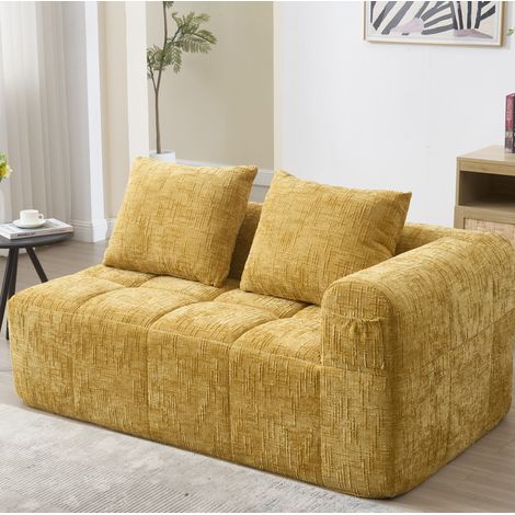 Sofa 2-Sitzer aus Chenille in Gelb 158 x 90 x 60 cm mit Chaise-Lounge-Stil und Seitentaschen (1/5)