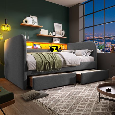 Lit banquette 2 Places 140x190 cm avec 2 Tiroirs, Tête de Lit avec espace de rangement, LED et USB-C, Lin - Gris (Sans matelas) (1/5)