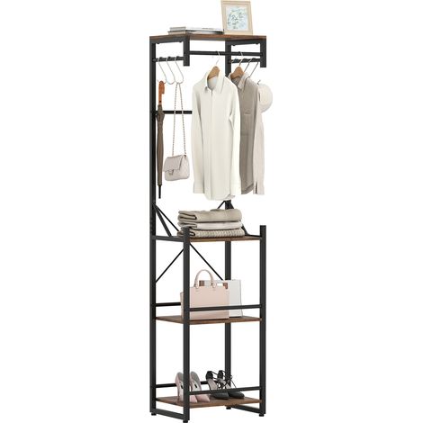COSTWAY Freestanding Coat Rack Slim Hall Tree with 4 Storage Shelves-Brown (1/5)