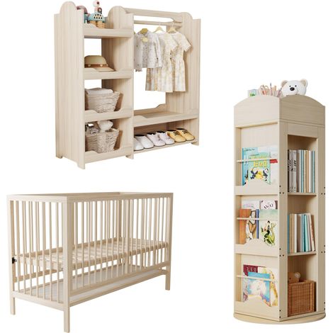 Mobilier enfant multifonctionnel : lit bébé en bois, armoire et bibliothèque pivotante. Ensemble de meubles pour chambre d'enfant, combinaison de meubles multifonctionnelle, coloris naturels.