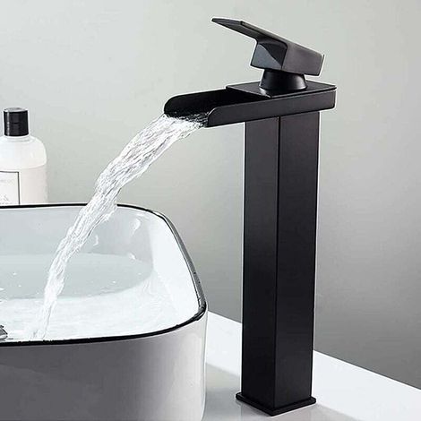 Robinet de lavabo haut style cascade, robinet de salle de bain rectangulaire noir mat réglable pour eau chaude et froide, convient aux lavabos, robinet d'évier en acier inoxydable, anti-oxydation, san (1/4)