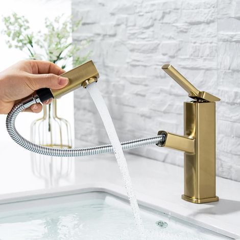 Mitigeur de lavabo extractible avec douchette, laiton brossé or champagne (1/5)