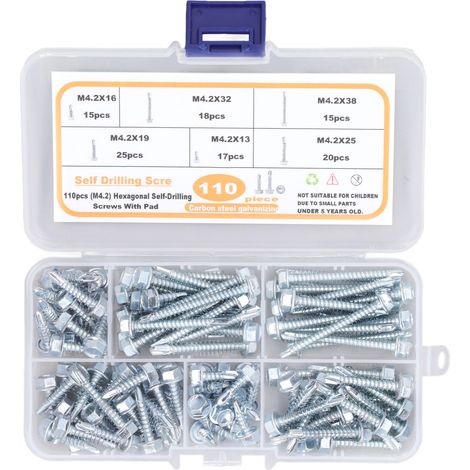 Vis à bois autoforeuses tête hexagonale avec rondelle M4.2, lot de 110 pièces, 6 tailles, assortiment de fixation (1/5)
