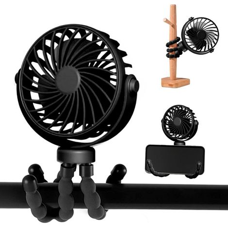 Ventilateur de Poussette Portable,Ventilateur de Rechargeable par USB,Mini Fan avec Trépied Flexible,Rotatif à 360°, 3 Réglages de Vitesse par Voyage, Siège, Chambre (Noir) (1/5)