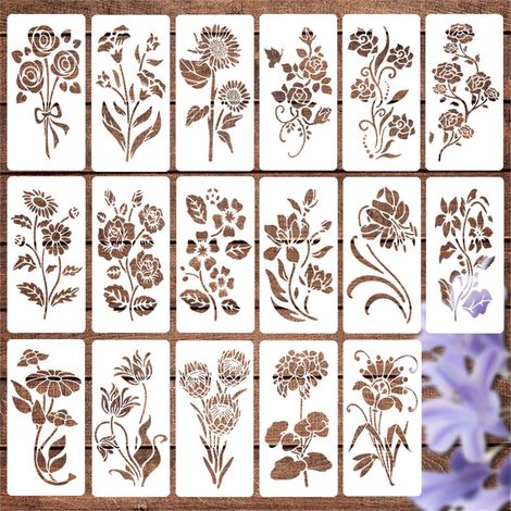 Pochoir Fleurs - 17 Pièces Réutilisables En PET - Pour Peinture Sur Bois Murs Toile Carton - Idéal Décoration Intérieure Extérieure - Set Complet (1/5)