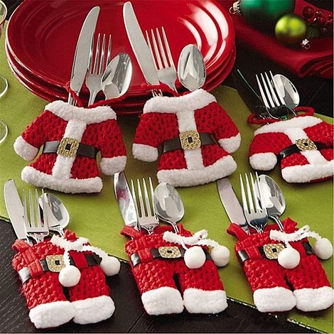Weihnachts-Besteckhalter, Taschenmesser, Gabeln, Taschen, Weihnachtsmann-Anzug, Tischdekoration für Weihnachtsessen (rot) (1/4)