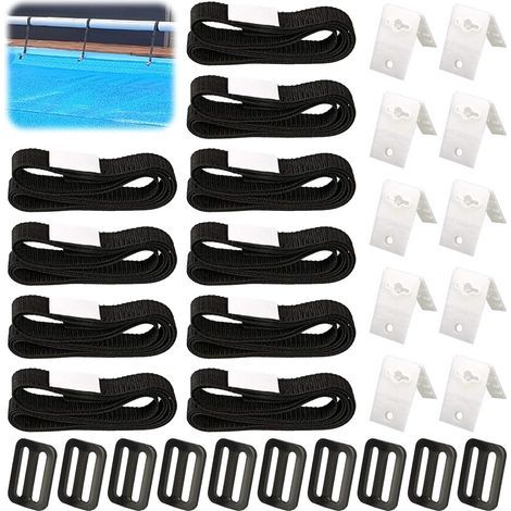 Fixation pour Bâche Solaire de Piscine,10 Pièces Kit de Sangles de Couverture Solaire,Enrouleur de Couverture Solaire,Sangles de Fixation,Pinces,Boucles,pour Piscine Universelle (1/5)