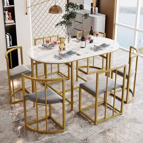 Salle à manger complète table blanche 6 chaises grises pieds métal doré contemporain (1/4)