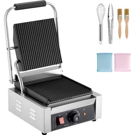 Mophorn Piastra Elettrica per Panini Professionale, 3200 W, in Acciaio Inox con Maniglia e Controllo della Temperatura, Superficie Smaltata Scanalata e Piatta da 22 x 23 cm, Ideale per Bistecche