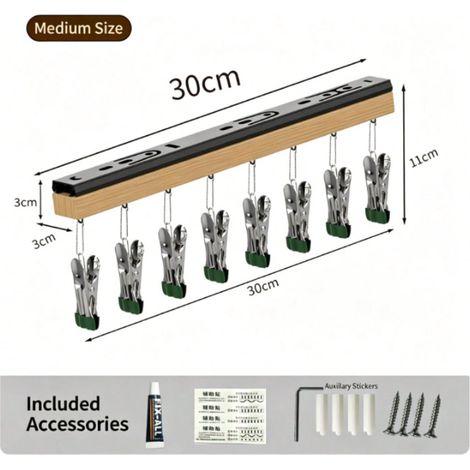 Rail à crochets extractible sous meuble avec pinces métalliques, rangement extractible pour penderie, organiseur à glissement silencieux pour chaussettes, sous‑vêtements et petits vêtements, taille mo (1/5)