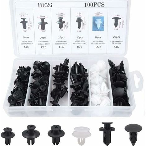 100 Pièces Rivet Clips Plastique Voiture Universel, 6 Taille Clips de Retenue de Voiture Fixations Outils, Clips d'Aile en Plastique pour Pare-chocs Porte de Voiture Fender Push Kit de Remplacement (1/5)