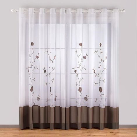 Lot de 2 Rideaux à Oeillets Voilages Broderie Floral pour Chambre Cuisine Salon (2 Panneaux (Largeur 140cm x Hauteur 260cm), Marron) (1/5)