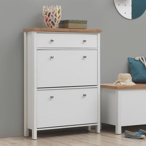 3 Tier Shoe Cabinet White With Oak Top Practical Storage Unit Wood Drawer (1/5)