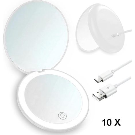 Miroir de maquillage compact et lumineux, rechargeable, grossissant x10/x10. Miroir de voyage portable, avec lumière naturelle et éclairage LED, petit miroir lumineux à intensité variable, idéal pour  (1/5)
