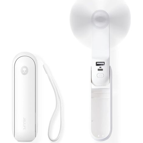 Pocket Fan, Mini Portable Handheld Fan, USB Rechargeable Battery [14-21 hours], Foldable and Quiet Personal Fan with Power Bank, Flashlight - White (1/4)