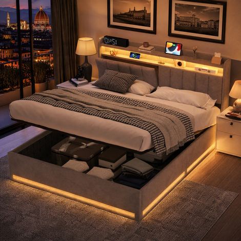 Letto contenitore 140x200cm,letto matrimoniale 140x200cm con LED regolabile e ricarica USB,Letto matrimoniale contenitore,letto 140x200cm,velluto, grigio (1/5)
