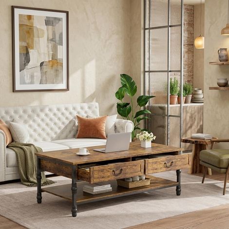 Table basse 104 cm 2 tiroirs – bois rustique vintage (1/5)