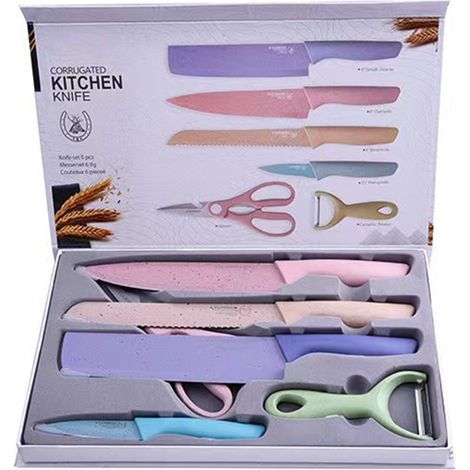 Ensemble de 6 couteaux de cuisine polyvalents en acier inoxydable avec manche en paille de blé et revêtement, comprenant un éplucheur et des ciseaux. Épaisseur : 1,0 cm. Coffret cadeau.
