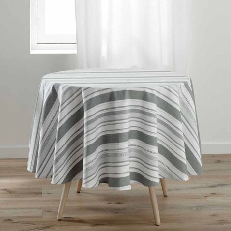 Nappe Ronde Imprimée "Santorin" 180cm Gris & Blanc