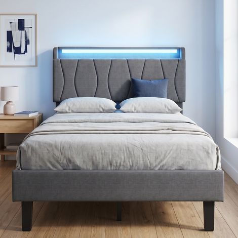 Letto singolo 90x200 cm con LED e porte USB, Letto imbottito in lino, Design moderno, Grigio (1/5)