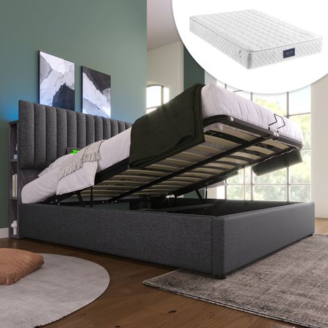 Lit coffre en lin gris 140x200 cm avec matelas, tête de lit LED réglable, USB/Type-C et rangement (1/5)