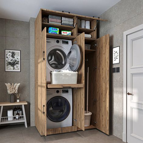 Dora Washer and Dryer Stacker Cabinet with Double Doors, Pull Out Basket Shelf, Overhead Storage and Side Utility Cupboard, Oak Effect (1/5)