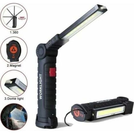 Lampe de travail LED rechargeable avec 800 lumens, base magnétique, 5 modes pour garage, camping, urgences, lampe torche baladeuse LED. (1/4)