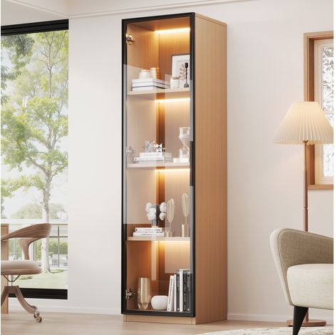 Vitrinenschrank aus MDF in Eichenoptik, 40 x 40 x 165 cm, Glastür aus gehärtetem Glas, LED (1/5)