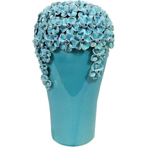 Vaso blu con fiori in ceramica e crepe intenzionali, 33 cm
