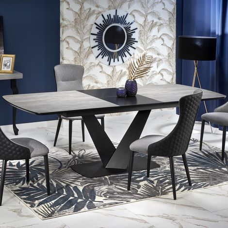 Table à manger design 180-230x95cm avec pied central en métal noir EPONA (1/5)