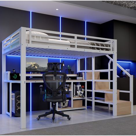 Letto alto 140 x 200 cm in metallo e MDF con scala, ripiani e LED, bianco (1/5)
