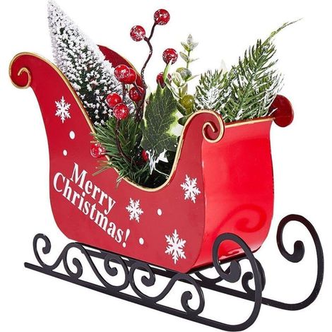 JSSEVN - Trineo navideño de metal, trineo de Papá Noel con luz LED, mini bayas de árbol y ramas de coníferas para decoración. (1/5)