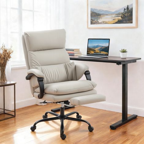 Chaise bureau massante Gris chauffante inclinable 135° repose pieds cuir pu clair
