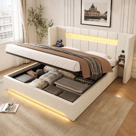 Bettgestell 160x200 cm Beige aus Samt mit USB, LED, Stauraum und Hydraulik (1/5)