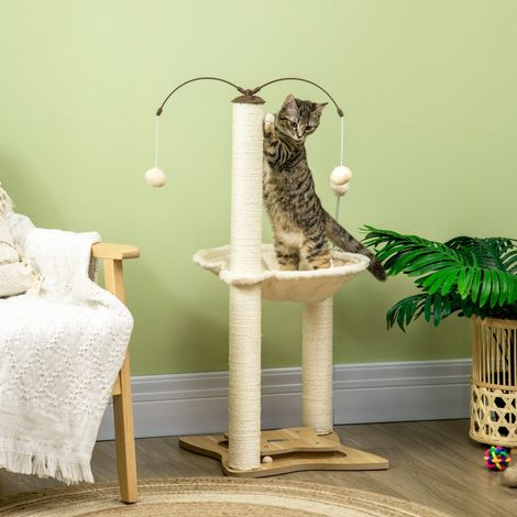Arbre à grattage pour chats max 5kg avec hamac - 53,5x53,5x90 cm - MDF et pour chats en peluche - balles de jeu et poteaux en sisal - beige
